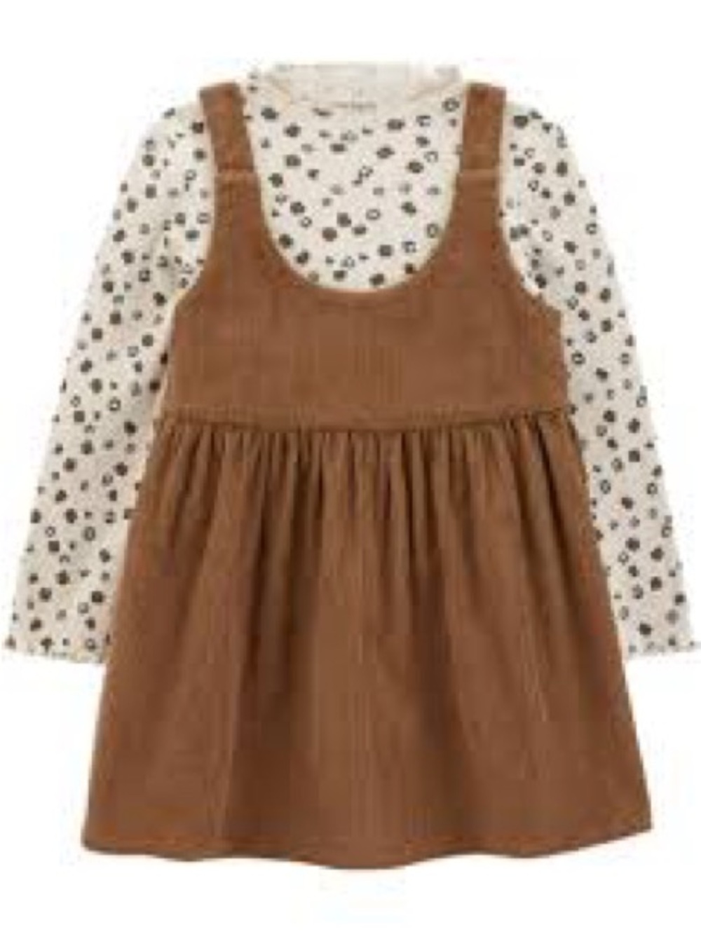 Kids Brown Corduroy Pinafore Dress with Printed Long-Sleeve Top